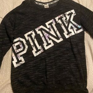 Black crew neck with marble pink lettering across